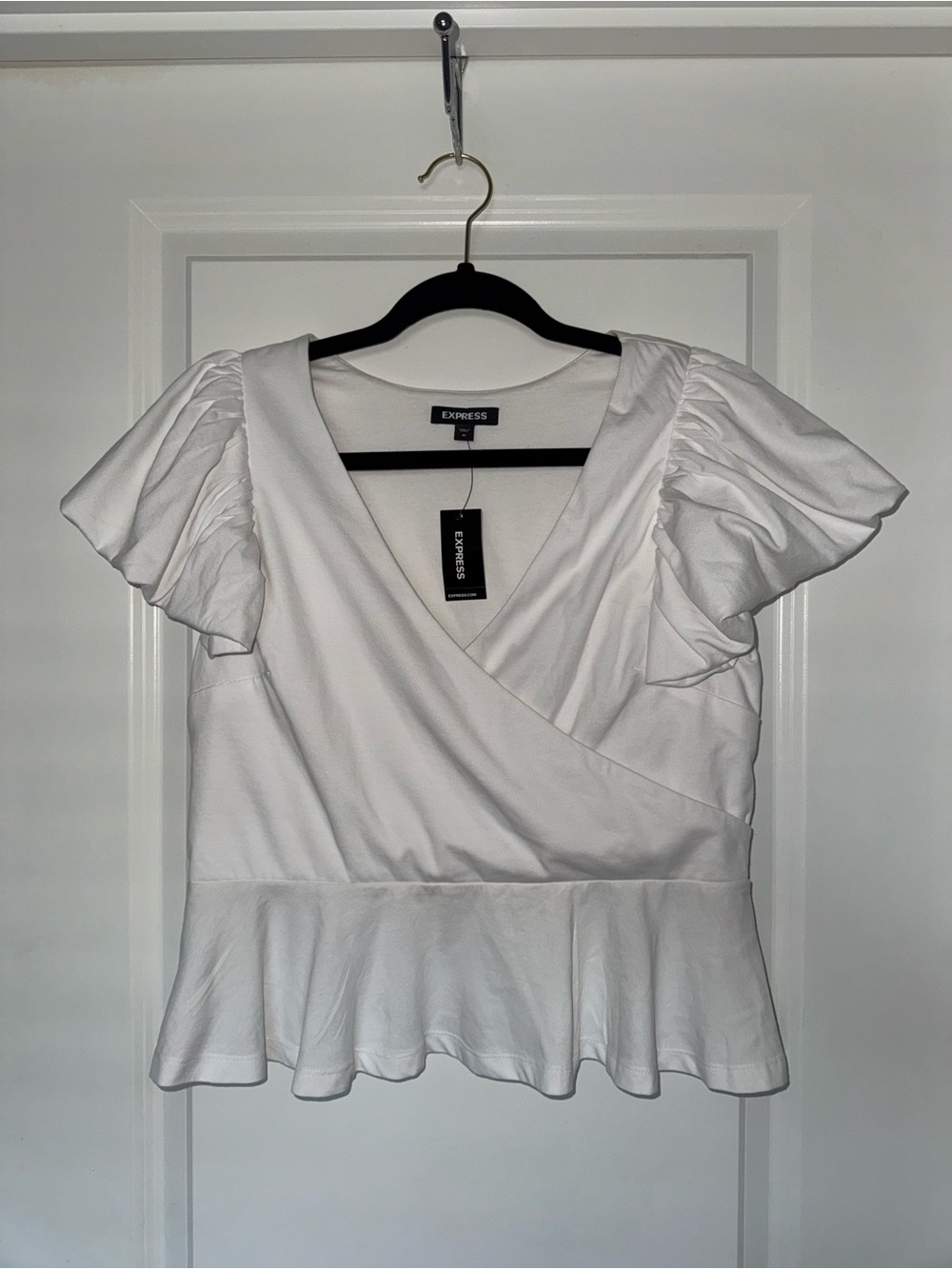 Express White Wrap Peplum Blouse with Ruffled Sleeves